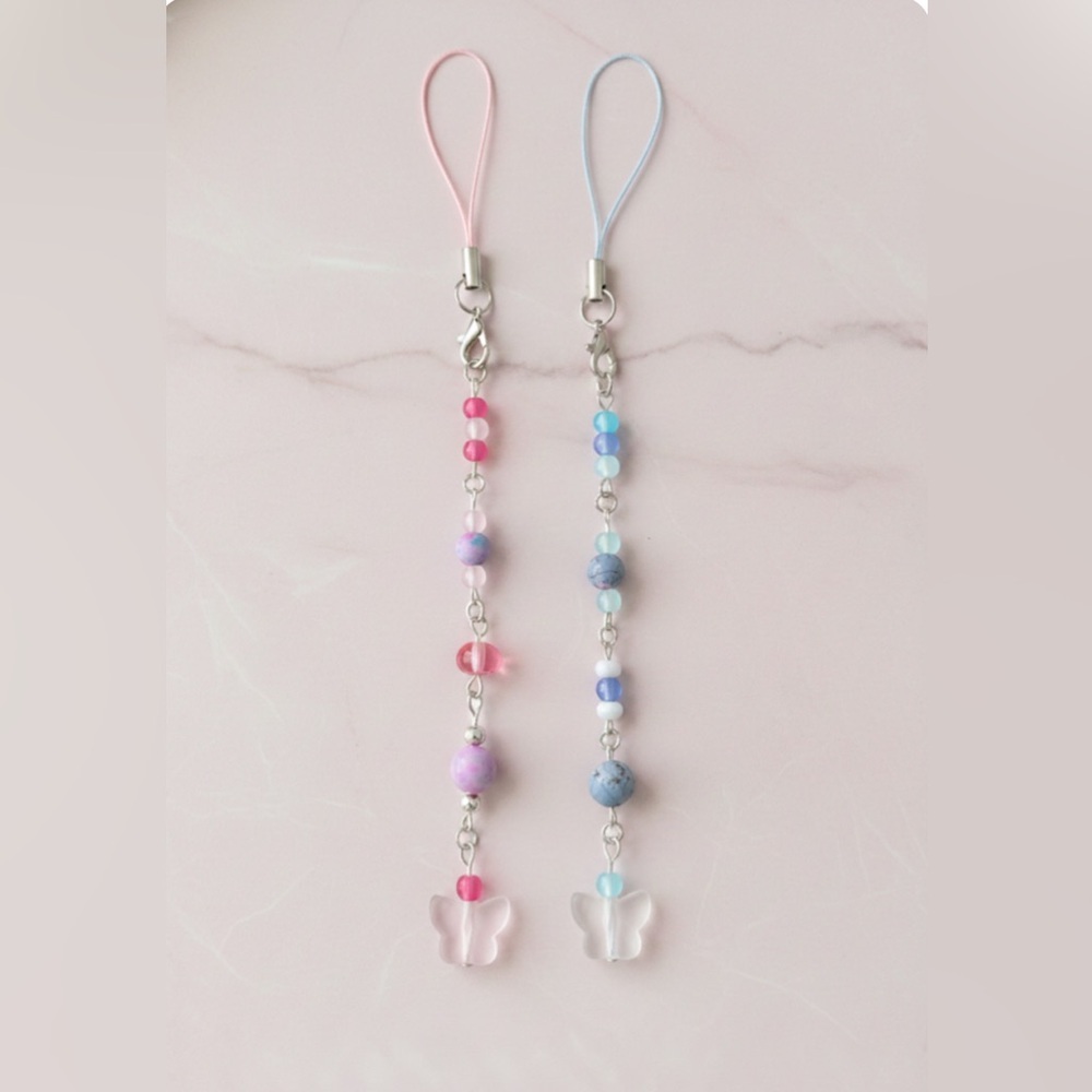 Pastel Pink & Blue Beaded Butterfly Phone Charm Set of 2